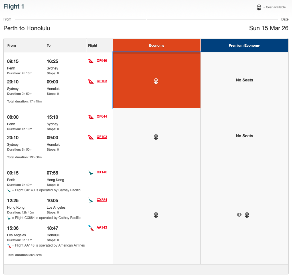 PER-HNL Classic Reward seats on the Qantas website