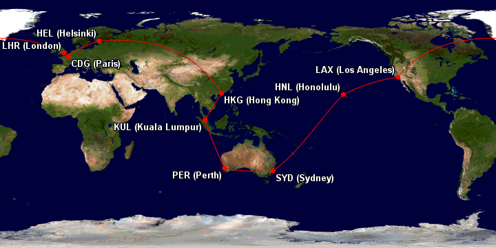 Sample Oneworld Classic Flight Reward itinerary. Commencing in Perth, there are stopovers in Honolulu, Los Angeles, London, Hong Kong and Kuala Lumpur