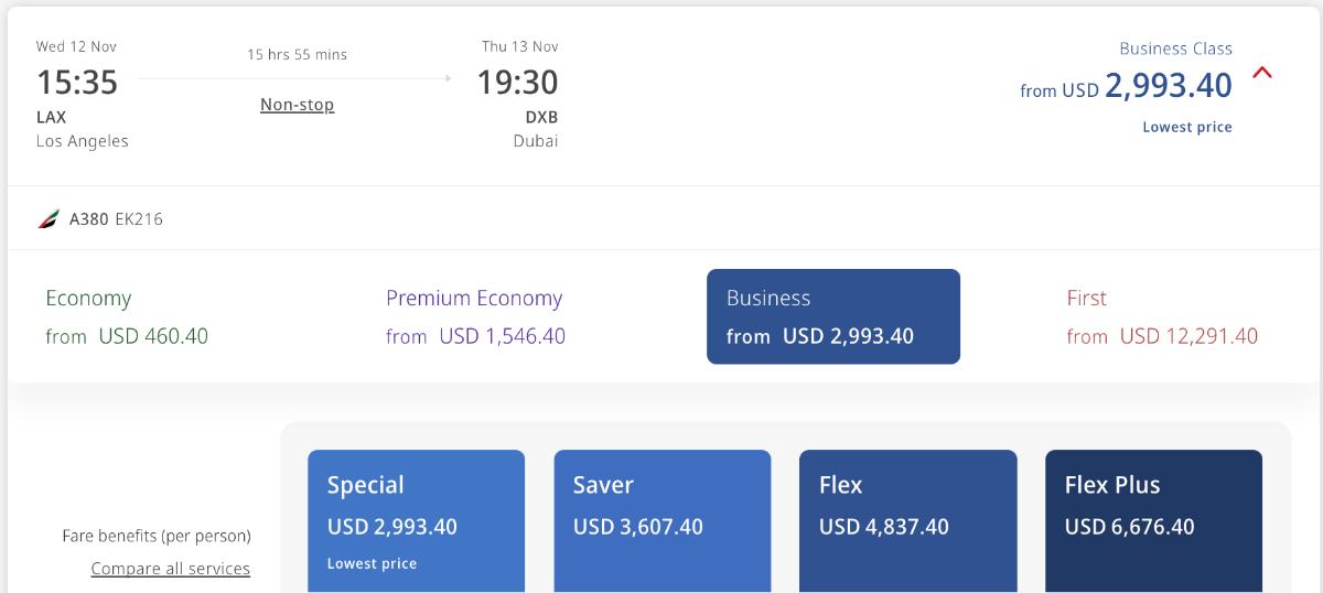 Screenshot of special and saver fares on Los Angeles to Dubai from Emirates website