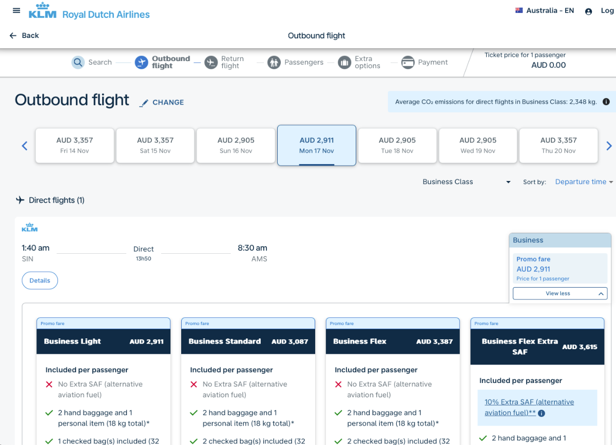 Screenshot of Light vs Standard Business Class to Singapore on KLM