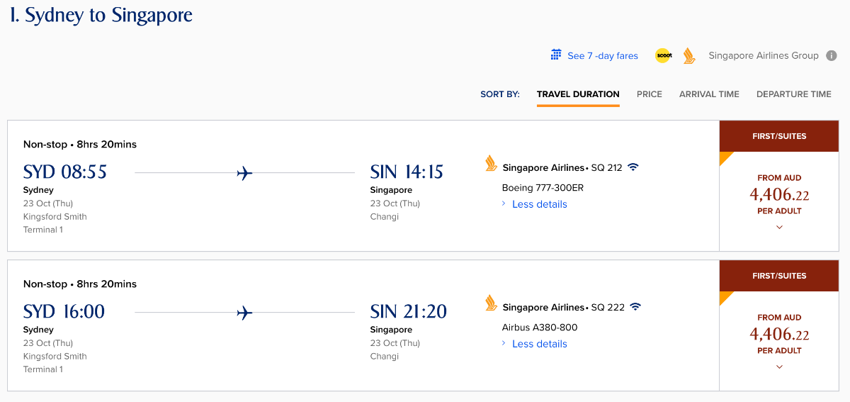 Suites/First class airfares from Sydney to Singapore.