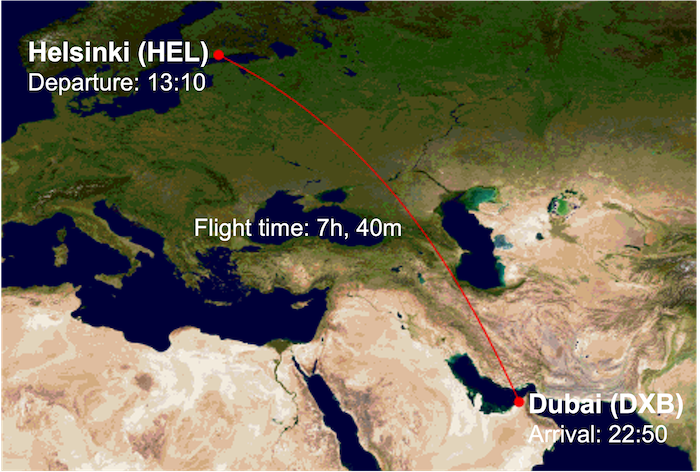 AY1963 route map from Helsinki (HEL) to Dubai (DXB)