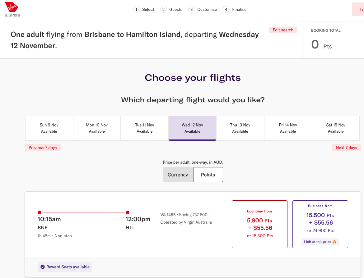BNE-HTI reward seats on the Virgin Australia website