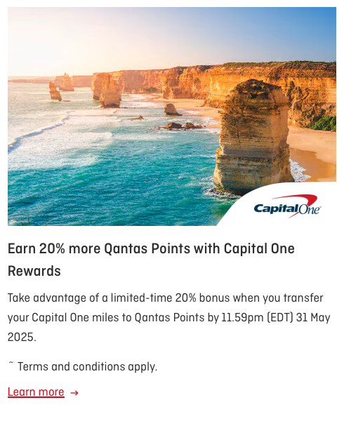 Qantas is offering 20% bonus points on transfers from Capital One during May 2025