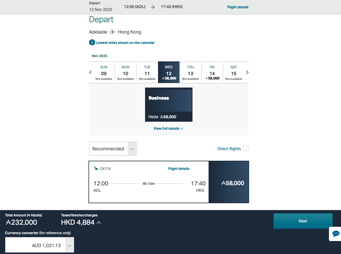 HKG-ADL business class award availability for Asia Miles bookings on the Cathay website