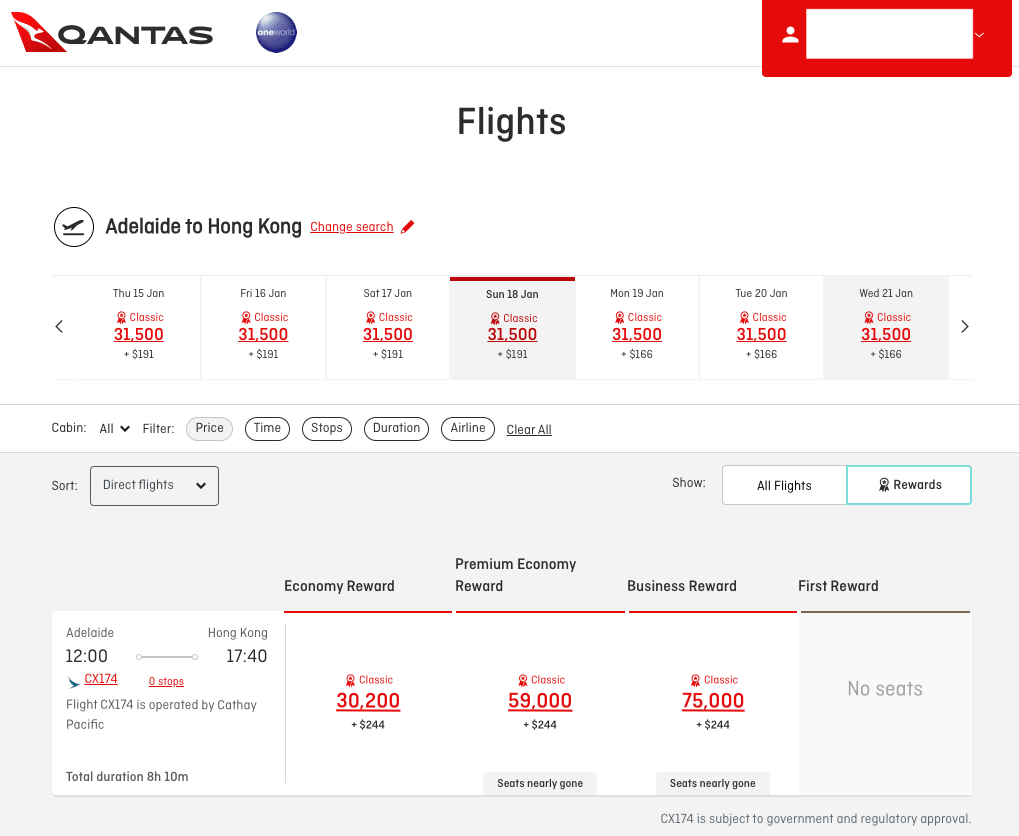 ADL-HKG CX174 Classic Reward availability on the Qantas website