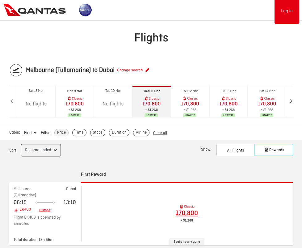 Qantas website showing Emirates First classic reward seat from MEL to DXB