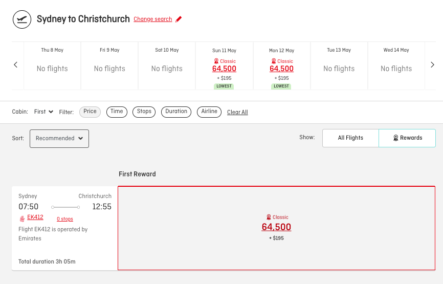 EK412 SYD-CHC First Classic reward on the Qantas website