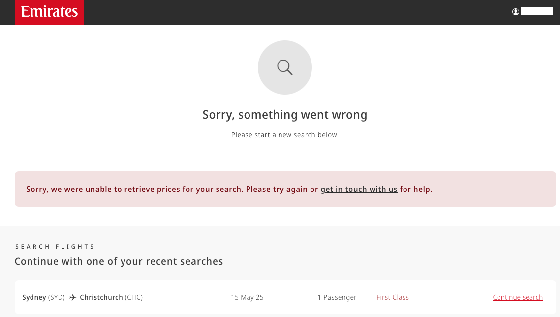 Emirates website showing no classic reward availability on SYD-CHC