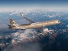 Etihad Airways A321LR flying over mountains