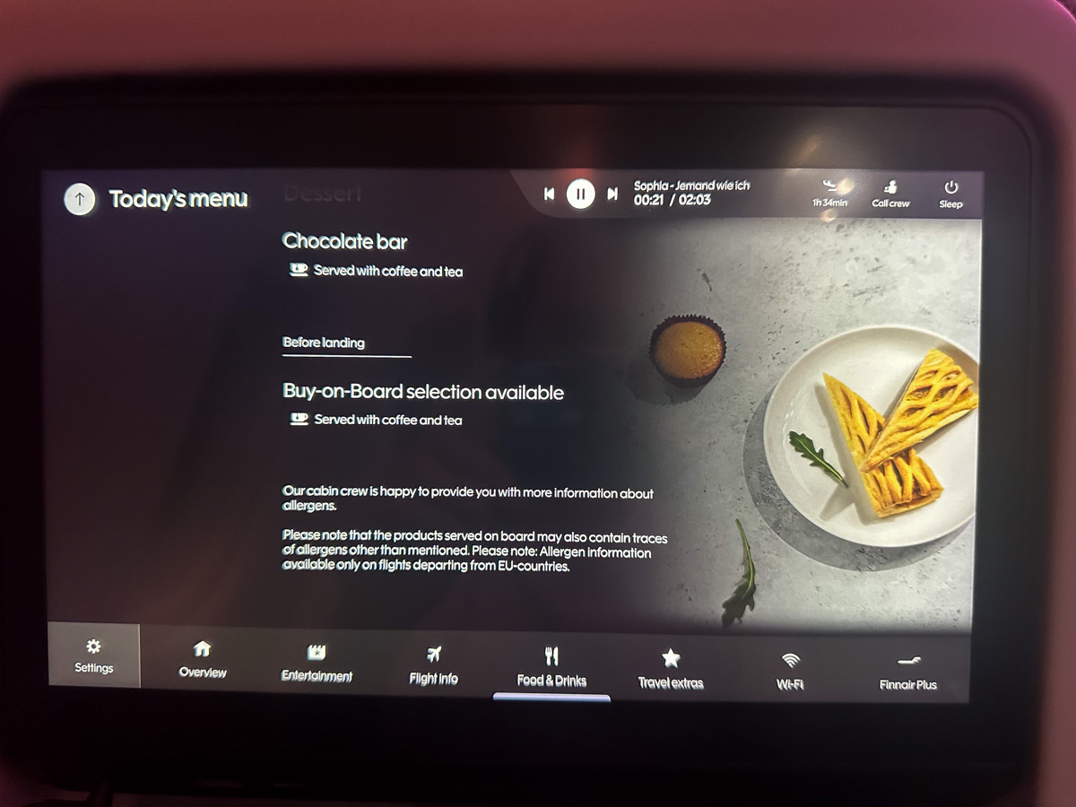 Menu on the Finnair IFE on AY1963