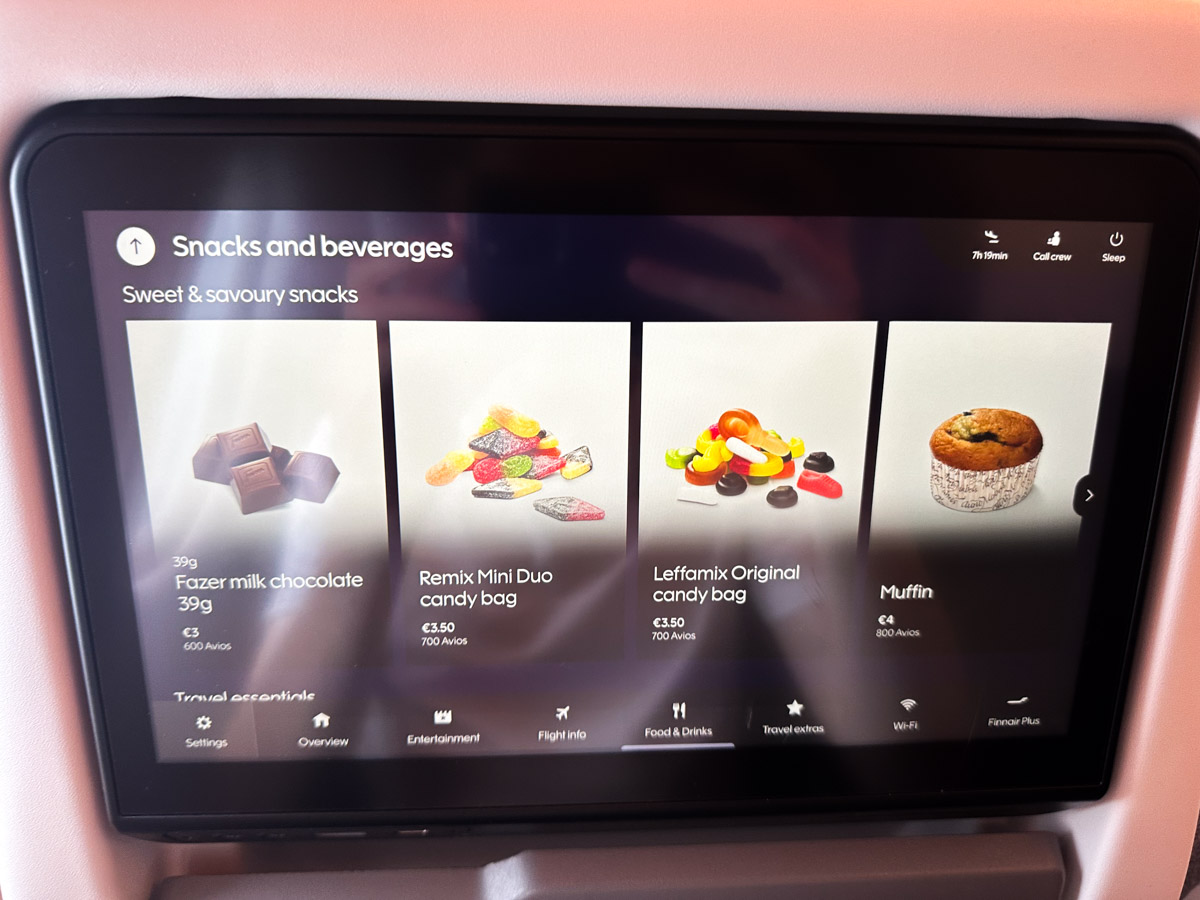 Paid snack menu on the Finnair IFE