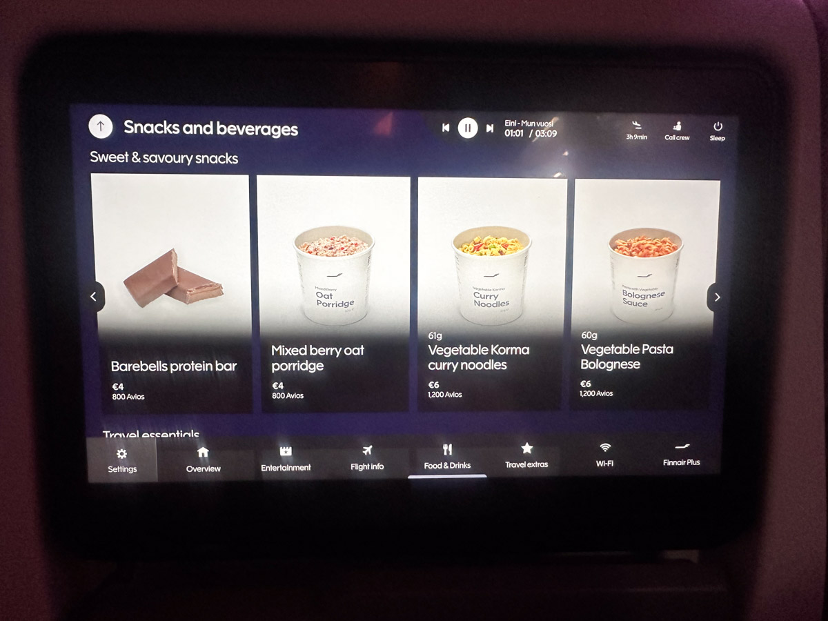 Paid snack menu on the Finnair IFE