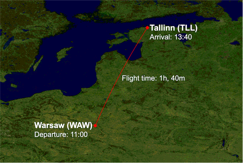 LO785 route map from Warsaw (WAW) to Tallinn (TLL)