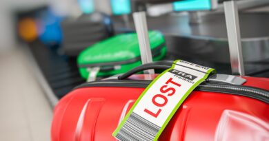 Suitcase with lost sticker on an airport baggage conveyor or baggage claim transporter Frankfurt