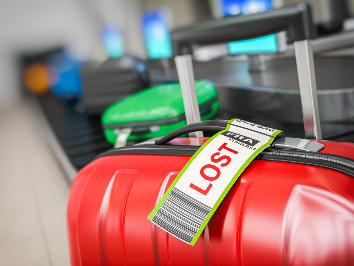 Suitcase with lost sticker on an airport baggage conveyor or baggage claim transporter Frankfurt