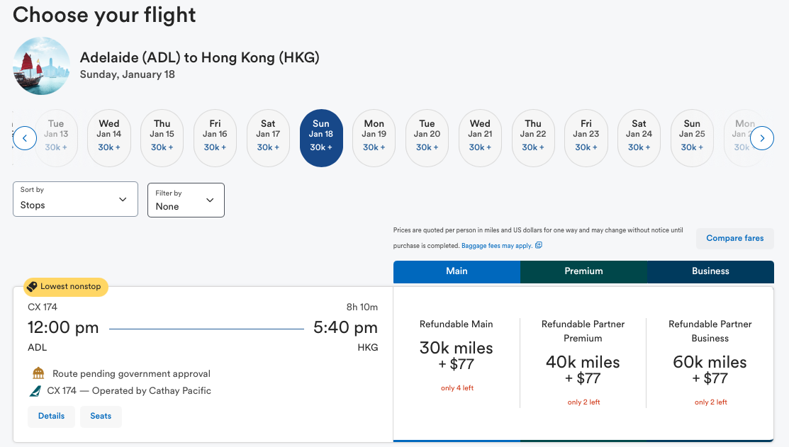 Alaska Airlines Mileage Plan award seats from Adelaide to Hong Kong