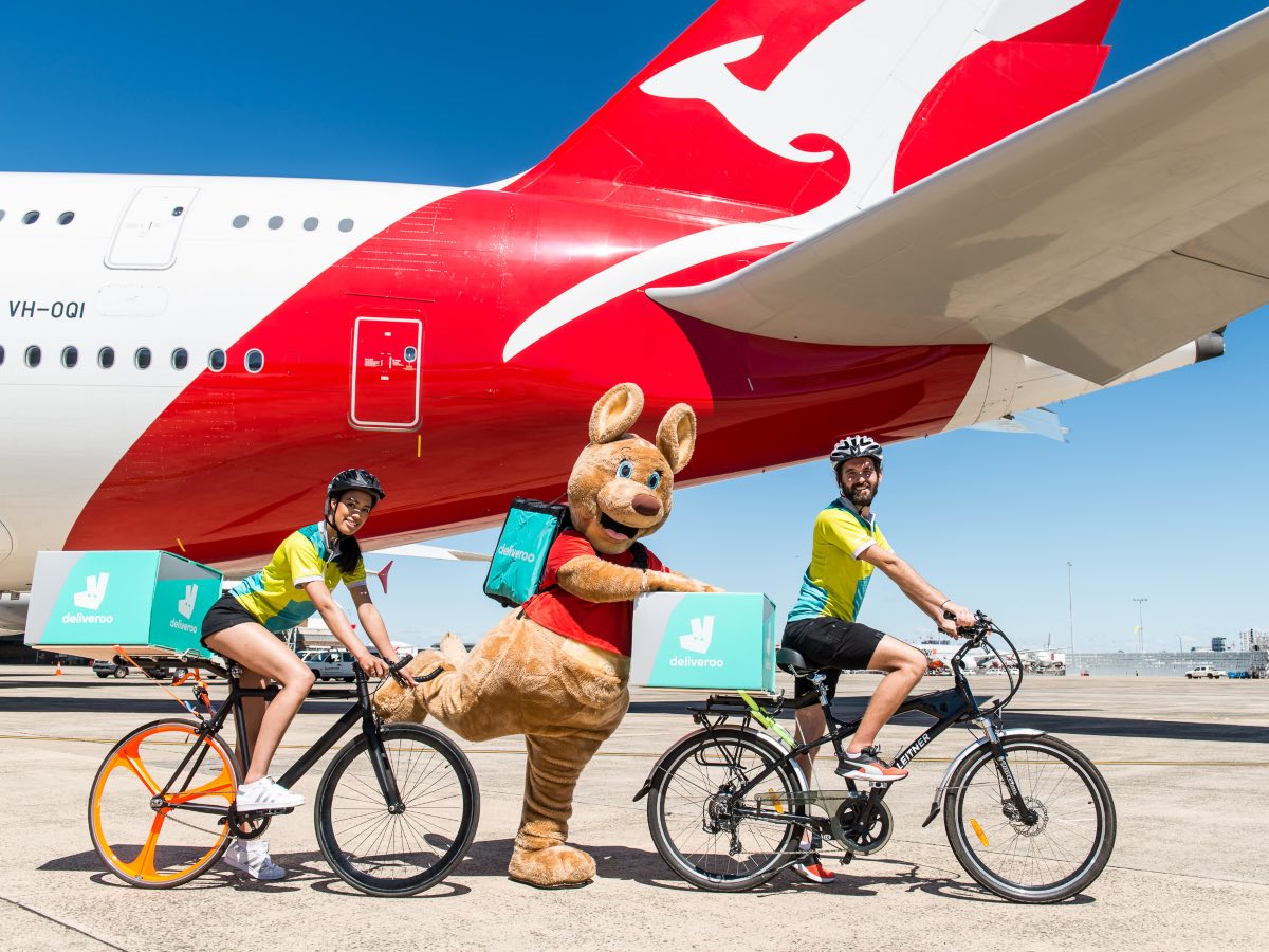 Qantas partnership with Deliveroo with A380 in background