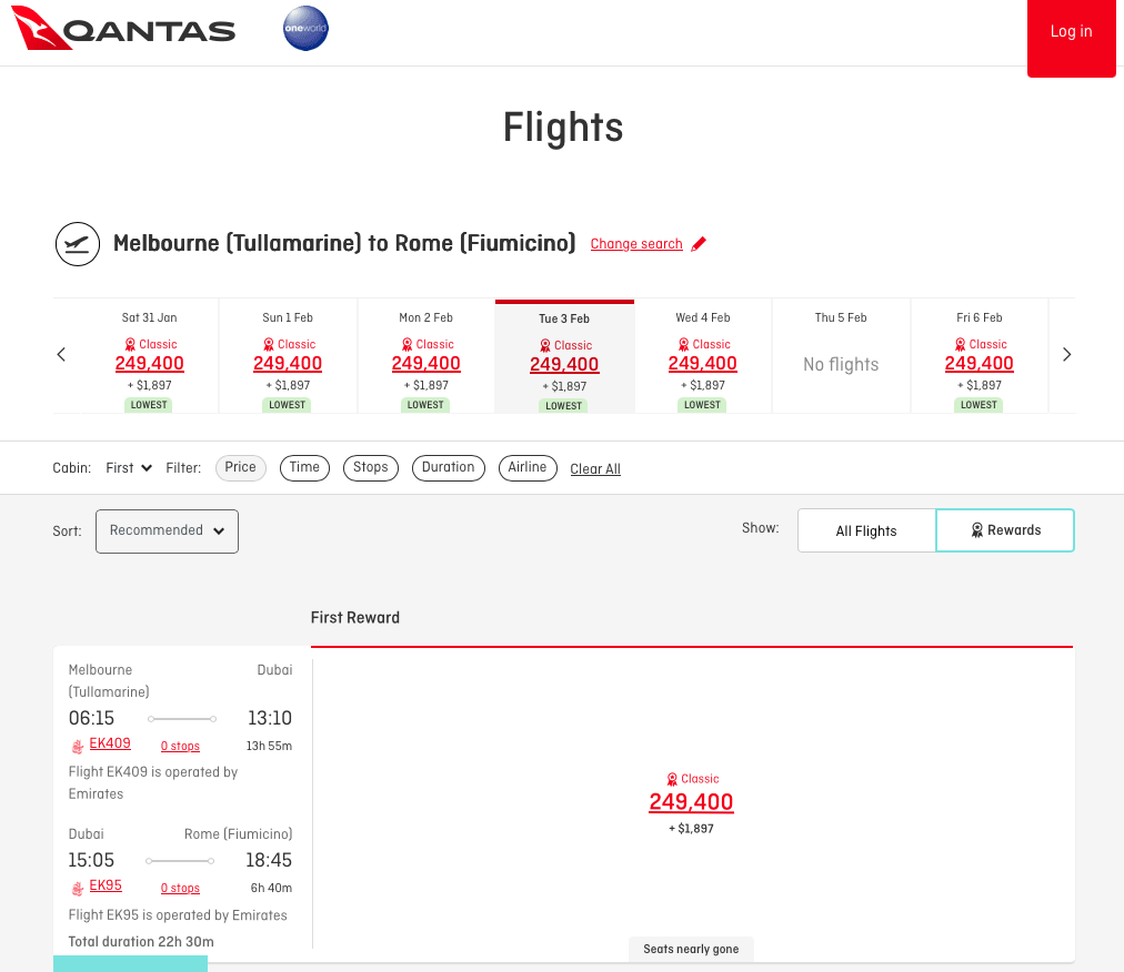Emirates availability from MEL to FCO on the Qantas website
