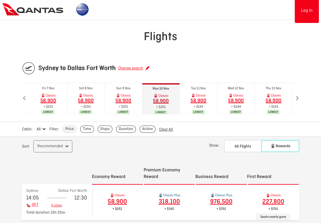 Qantas website with reward seats on SYD-DFW QF7