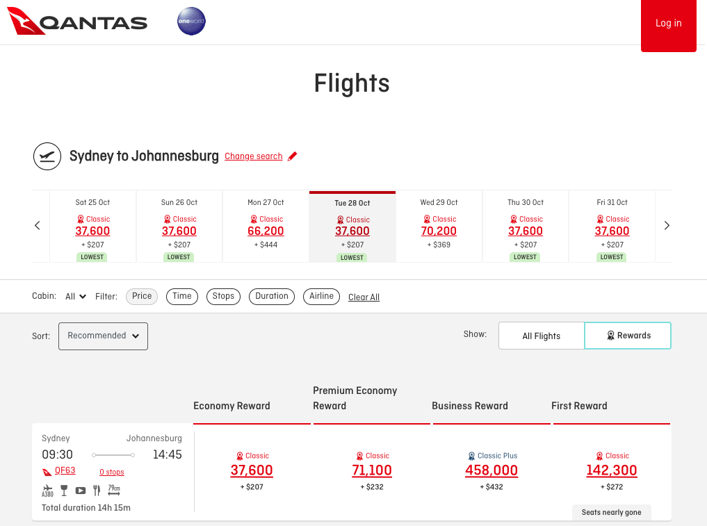 Qantas website with reward seats on SYD-JNB QF63