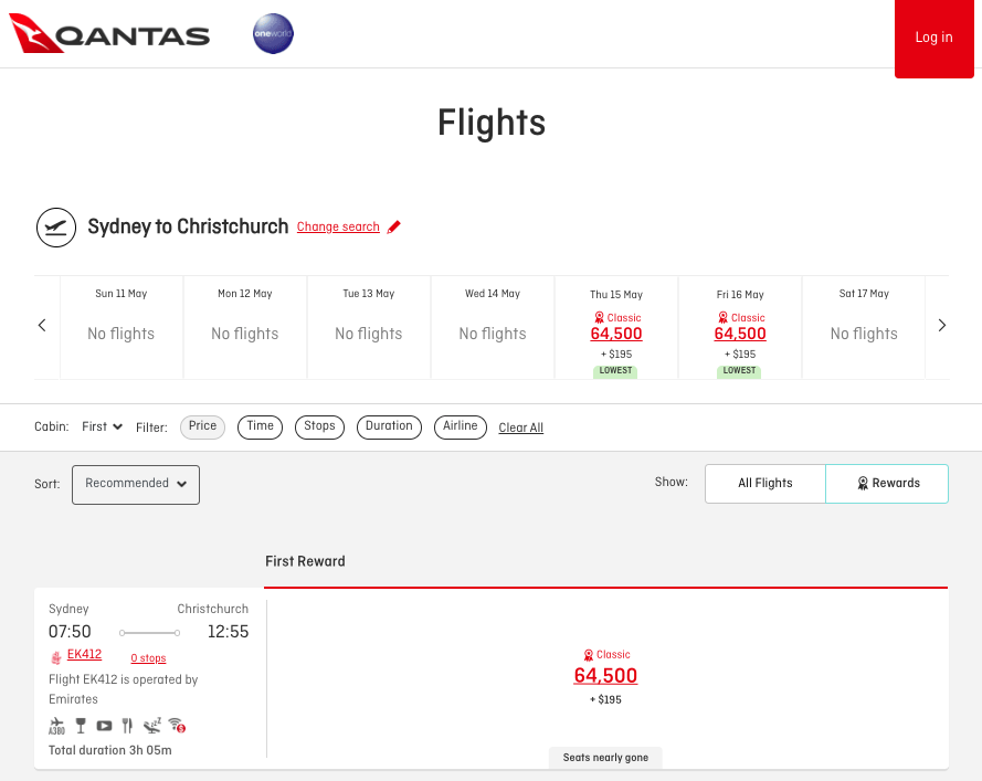 Qantas website showing Emirates First Classic Reward availability from Sydney to Christchurch