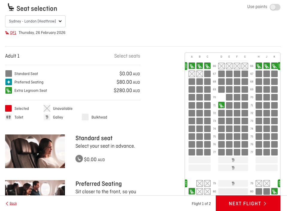 Qantas QF1 economy class seat map