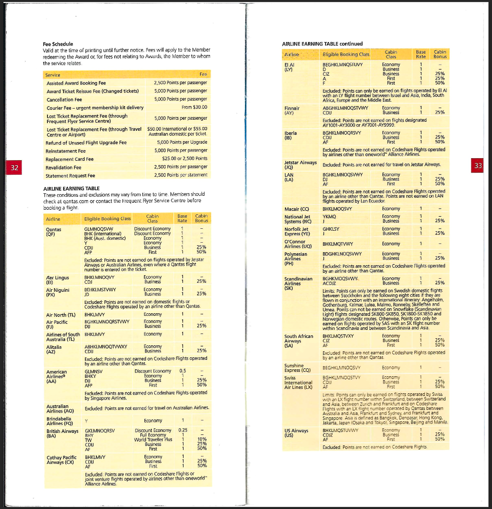 Qantas Frequent Flyer brochure from 2005 showing all earn rates from flights