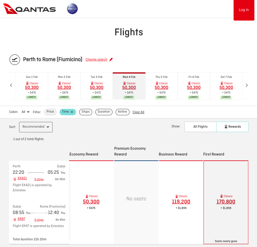 Emirates availability from PER to FCO on the Qantas website