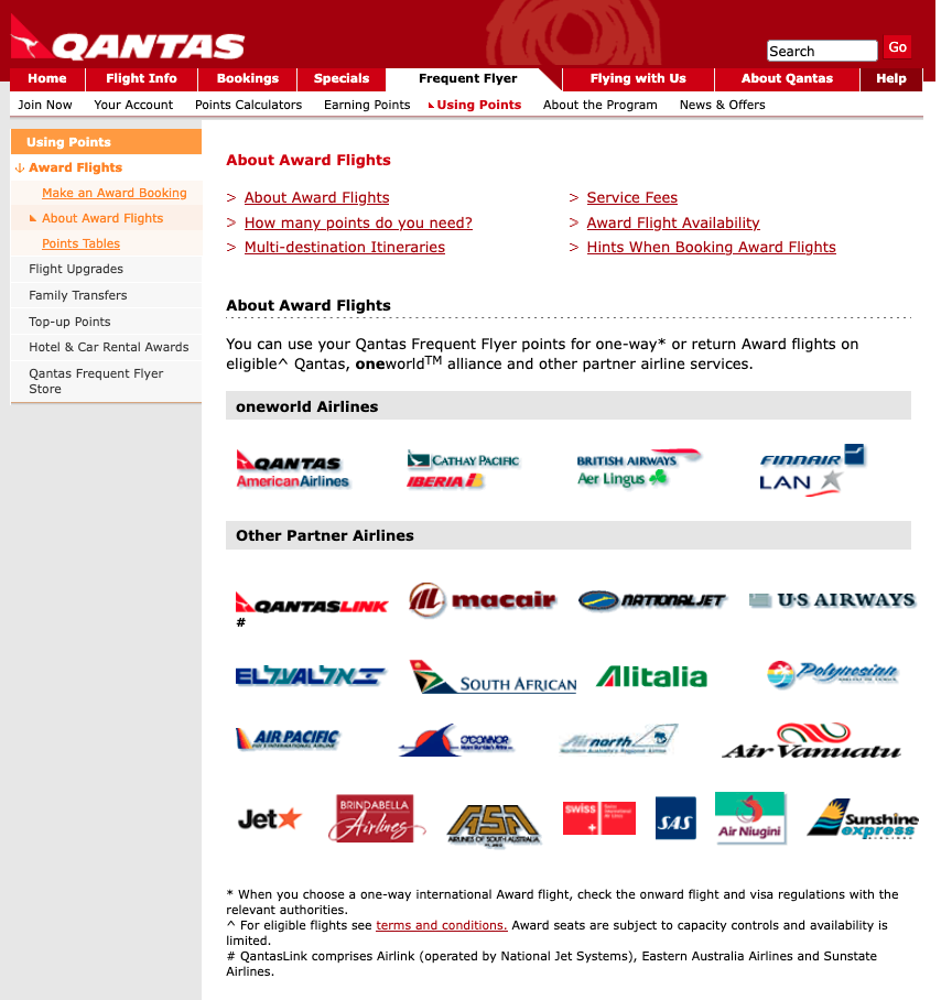 Screenshot from the Qantas website in May 2005 showing the partner airlines that you could book award flights with: Oneworld airlines and other partner airlines