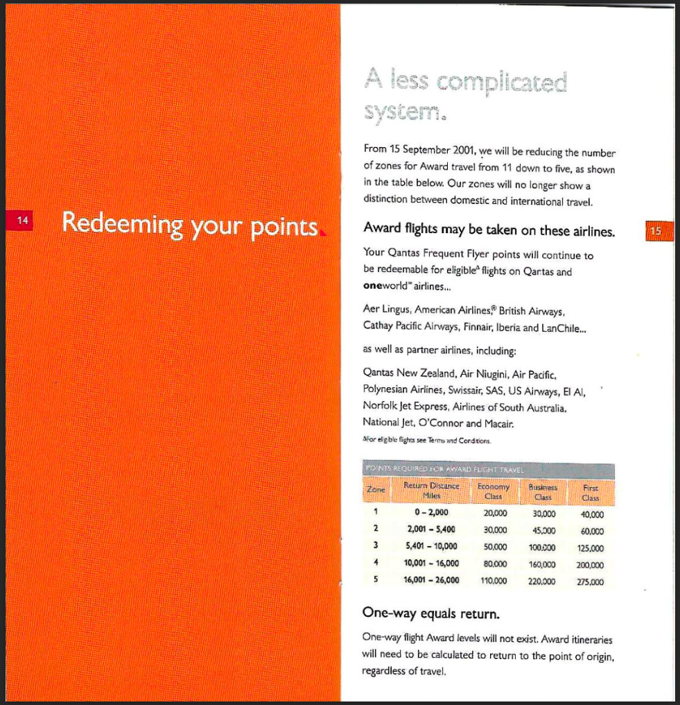 Qantas Frequent Flyer brochure section on "redeeming your points" from 2001