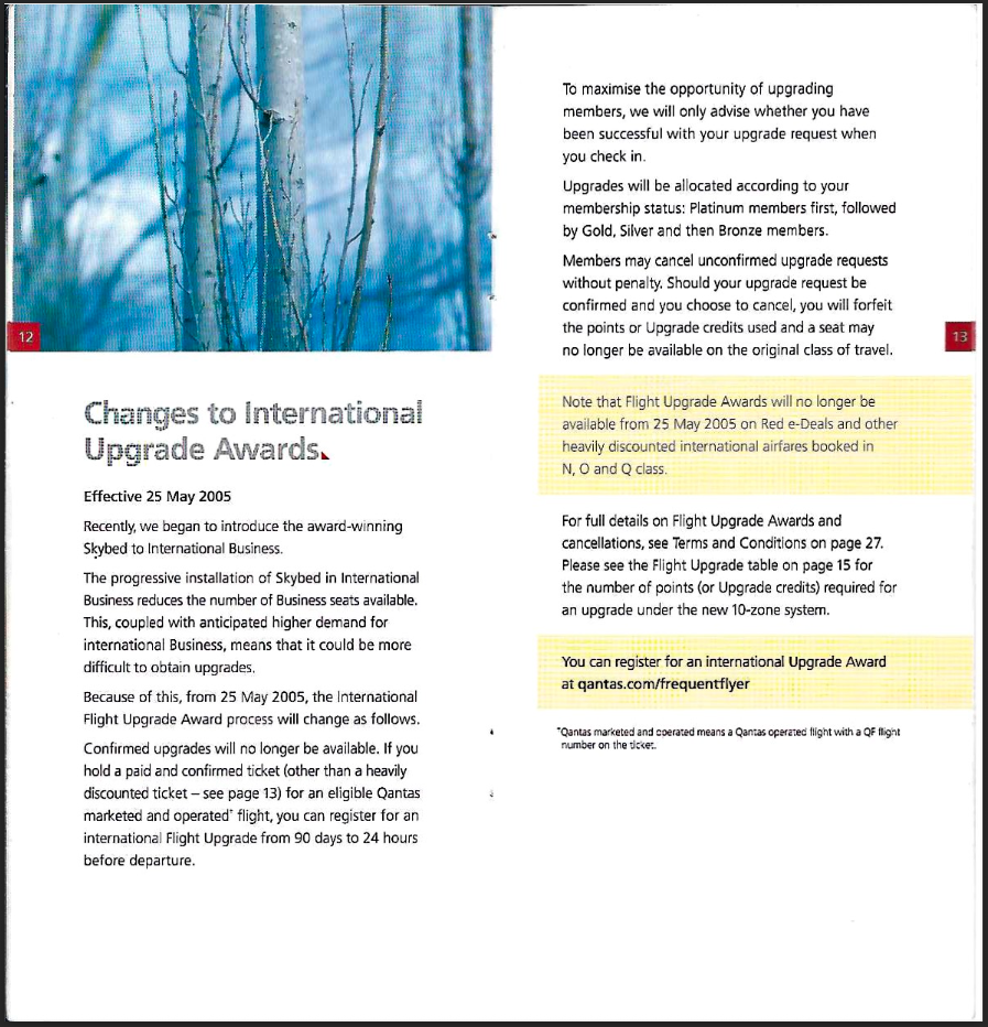 Excerpt from a Qantas Frequent Flyer brochure in 2005 detailing changes to international Qantas Upgrade Awards