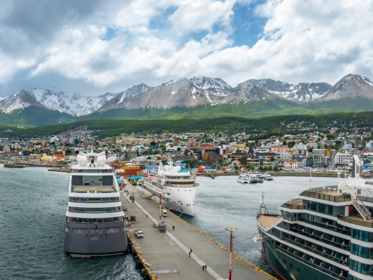 Panoramic view of the popular harbor of Ushuaia, Tierra del Fuego, Patagonia, Argentina. A major starting point for Antarctica expeditions in the summer