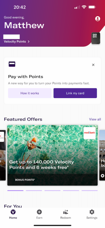 Velocity app with a Pay with Points linking prompt