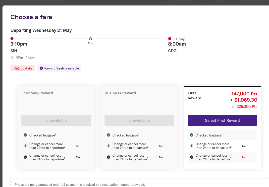 Velocity reward seat availability from SIN to CDG in Etihad first class
