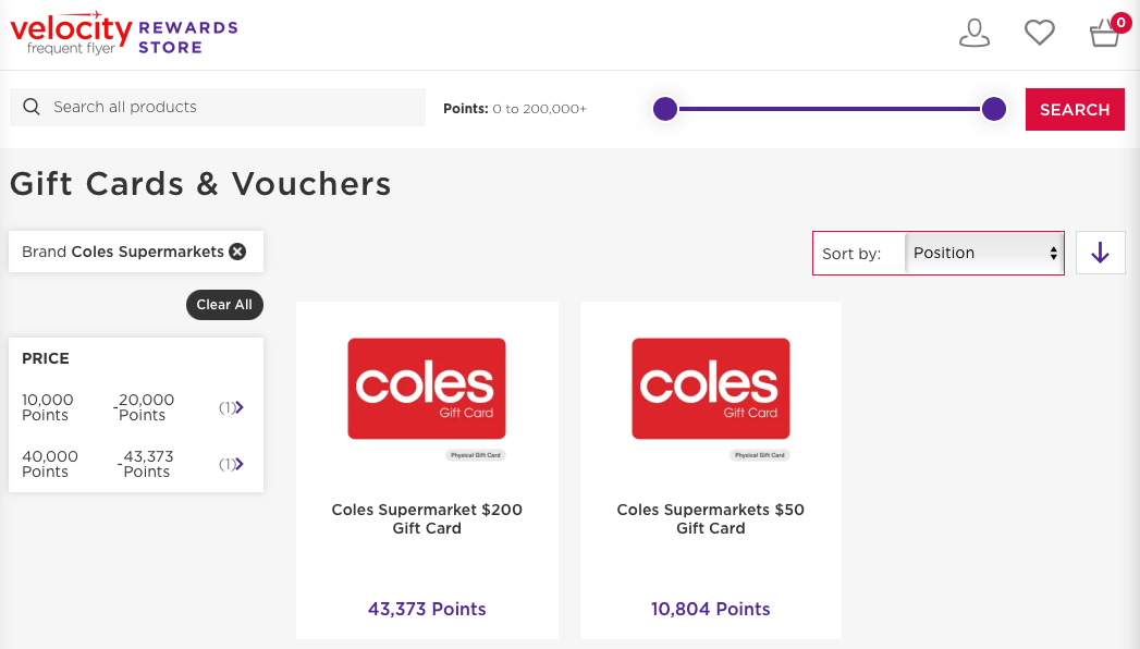 Coles gift cards on the Velocity rewards store in 2025