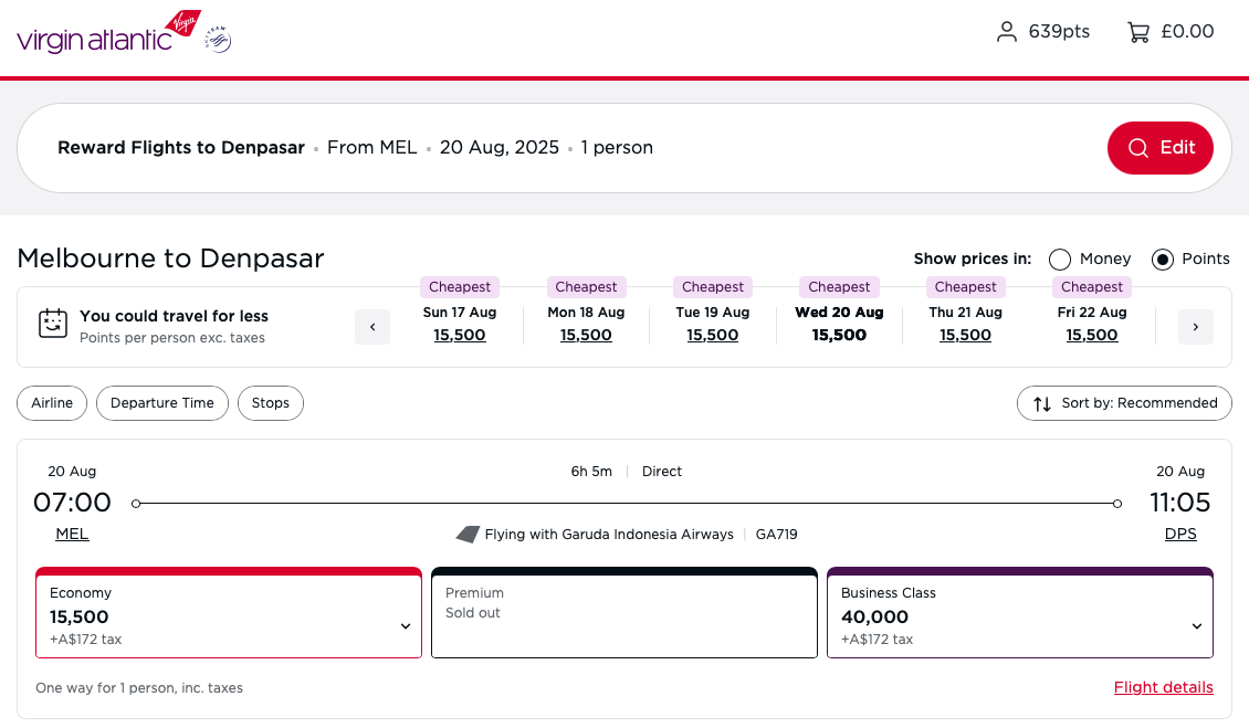 MEL-DPS redemption on the Virgin Atlantic website, flying Garuda