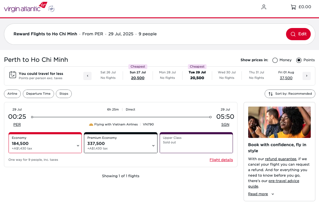 Vietnam Airlines award availability on the PER-SGN route on the Virgin Atlantic website