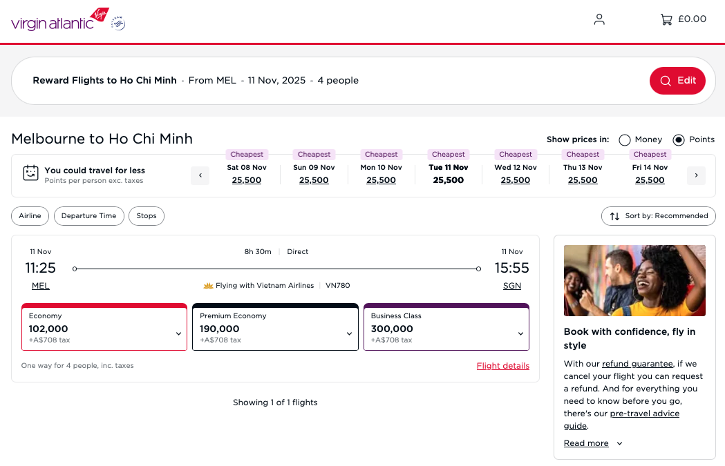 VN award availability for up to 4 people in every cabin on the MEL-SGN route on the Virgin Atlantic website