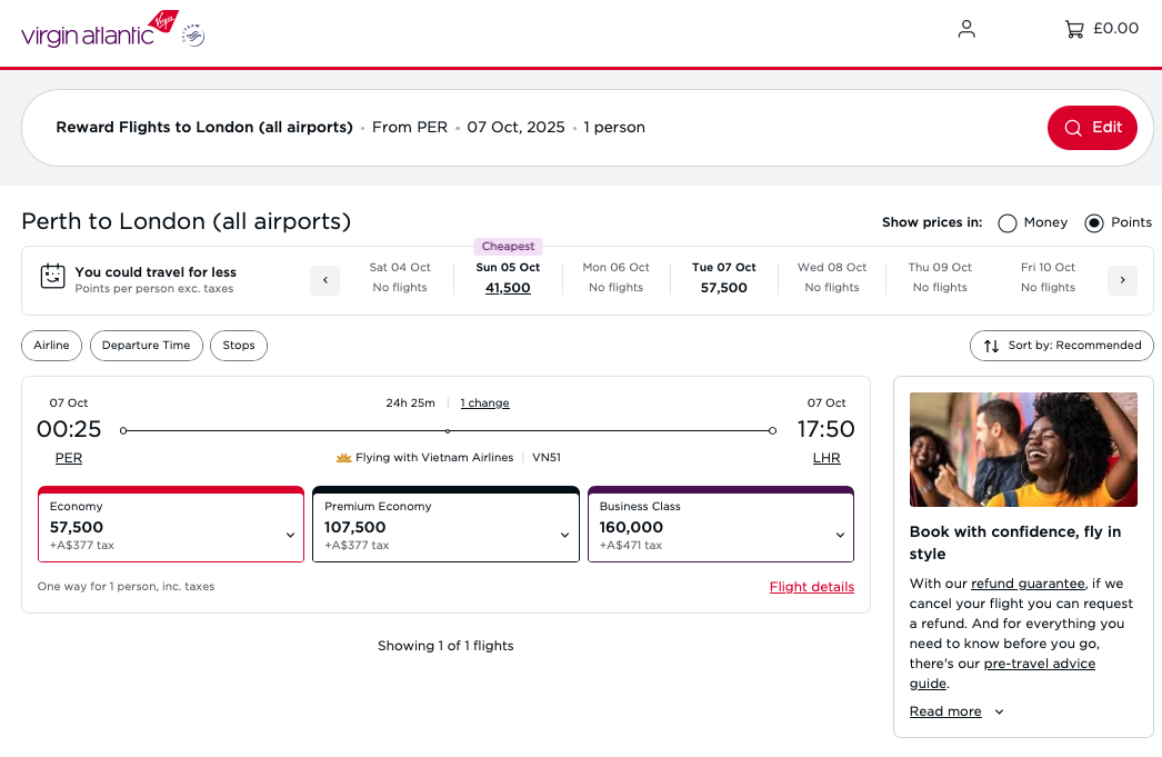 VN award availability on the PER-SGN-LHR route on the Virgin Atlantic website