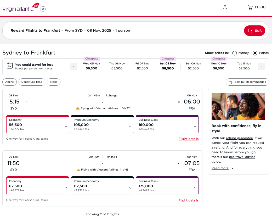 VN award availability on the SYD-FRA route on the Virgin Atlantic website