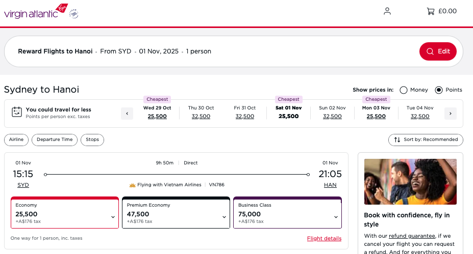 VN award availability on the SYD-HAN route on the Virgin Atlantic website