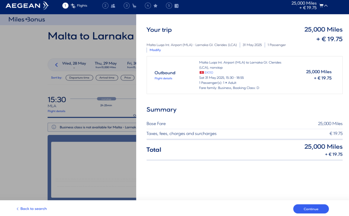 Award flights on Emirates from MLA to LCA on the Aegean website