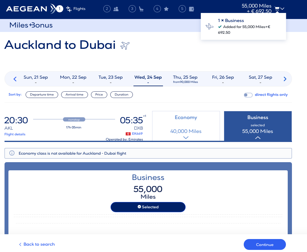 Emirates Business Class award flight quote from AKL to DXB on the Aegean website
