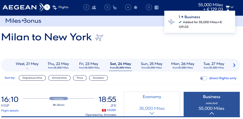 Award flights on Emirates from MXP to JFK on the Aegean website