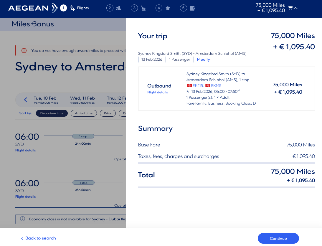 SYD-AMS award booking quote on the Aegean website