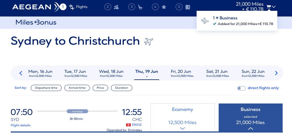 Award flights on Emirates from SYD to CHC on the Aegean website