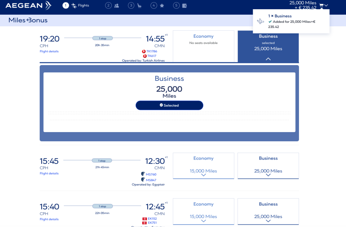 Award flights on Turkish Airlines from CPH to CMN on the Aegean website