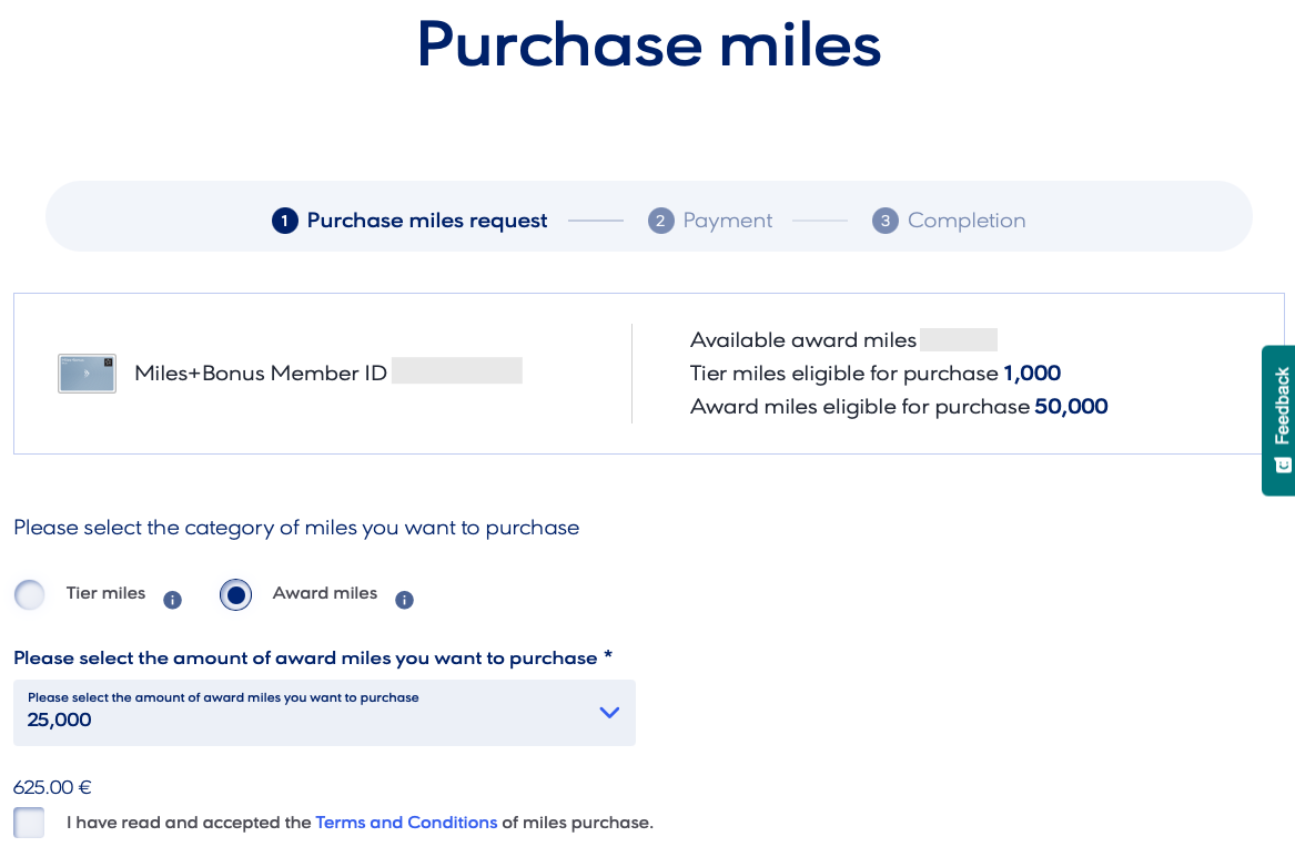 Purchase miles page on the Aegean Airlines website