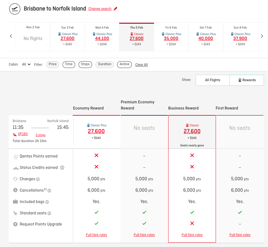 Qantas website reward booking from BNE to NLK